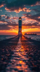 Poster - In the evening, the lighthouse by the seaside