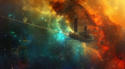 Wall Mural - a spacecraft traveling through a colorful cosmic dust cloud, with stars scattered across the scene g