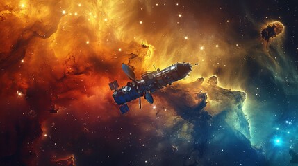 Wall Mural - a spacecraft traveling through a colorful cosmic dust cloud, with stars scattered across the scene g