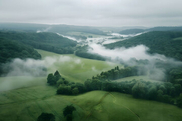 Misty hilly green landscape, drone shot