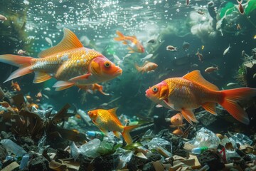 Wall Mural - Sea life, including colorful fish, swimming amidst plastic waste and debris in a clear, high-quality underwater scene. This striking image emphasizes the impact of human negligence on the ocean