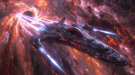 Wall Mural - an alien spacecraft approaching a wormhole, with vivid energy patterns surrounding the entrance gene