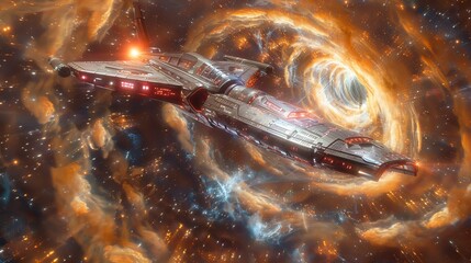 Wall Mural - an alien spacecraft approaching a wormhole, with vivid energy patterns surrounding the entrance gene