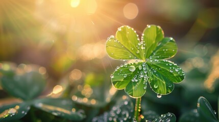 Poster - A close-up of a dew-covered clover leaf glistening in the morning sunlight, creating a fresh and vibrant nature scene.