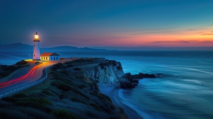 Poster - In the evening, the lighthouse by the seaside