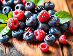 Wall Mural - berries, blueberries, swissberries, raspberries on the kitchen table, on a wooden countertop, owoce leśne, borówki, jerzyny, maliny na stole w kuchni, na drewnianym blacie