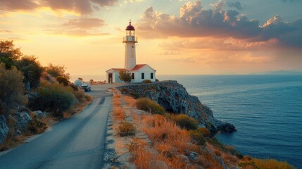 Poster - In the evening, the lighthouse by the seaside