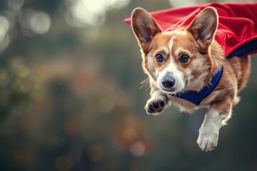 An adorable illustration of a Welsh corgi dog wearing a red cape and raising its two ears up is flying happily in a running pose in the blue sky with some clouds.