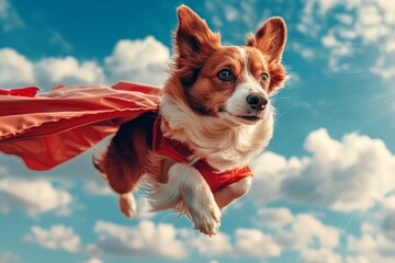 An adorable illustration of a Welsh corgi dog wearing a red cape and raising its two ears up is flying happily in a running pose in the blue sky with some clouds.