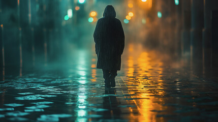 A person is walking down a wet street at night. The street is illuminated by lights and the person is wearing a hooded jacket. The scene has a moody and mysterious feel to it
