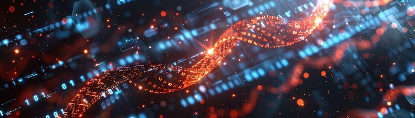 A vibrant digital representation of a DNA helix intertwined with binary code and glowing particles, symbolizing the intersection of biology and technology.
