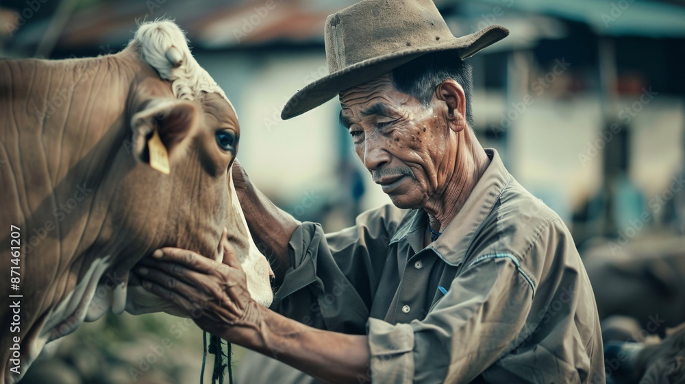 An Indonesian rancher in his forties tending to his cattle, preparing ...