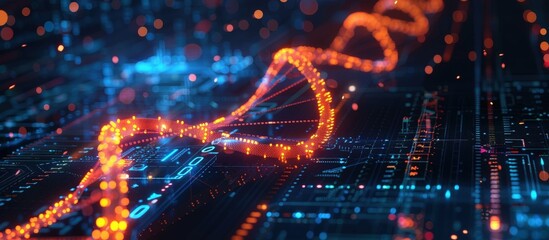 Wall Mural - a vibrant digital representation of a dna strand with glowing particles, set against a high-tech cir