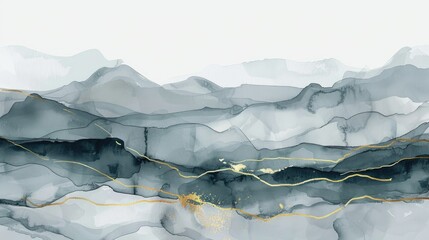 Sticker - Abstract Watercolor Landscape with Gray and Gold Lines Hand painted with Copy Space