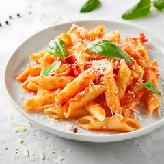 Wall Mural - Appetizing plate of penne pasta topped with tomato sauce, grated cheese, and fresh basil leaves on a white table