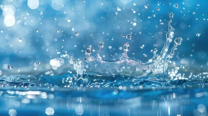 Wall Mural - Close up water splash with droplets on clear blue backdrop