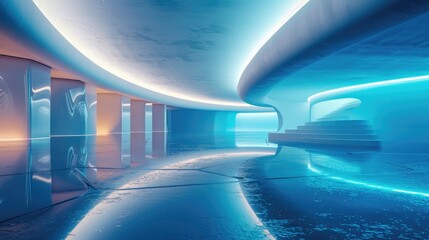 Wall Mural - Abstract interior with neon lit white ceiling reflecting lamp s blue light