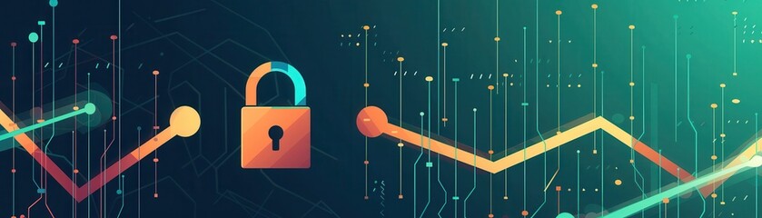 Wall Mural - Declining graph, digital padlock, blockchain ledger, flat design illustration