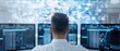 © nattapon98 - Man analyzing data on multiple monitors in a modern office environment, showcasing advanced technology and data visualization.