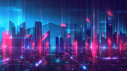 Wall Mural - Blockchain ledger, declining graph, futuristic cityscape, flat design illustration