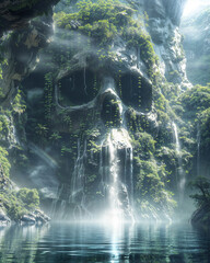 Poster - Waterfall flowing over rocks shaped like a human skull in a lost tropical setting