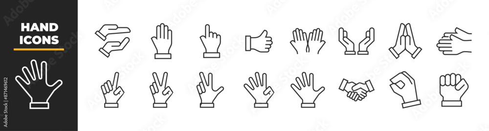 Line Work Hand Note Icon Set of 16 Hand line icons set. Hands outline icons with editable stroke ...