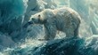 © Thanyaporn - A white bear stands on a melting iceberg, looking down into the cold water The ice around the bear is cracked and breaking apart, symbolizing the fragility of their environment The blue hues of the