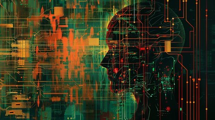 Abstract artwork of human head silhouette with circuit board design