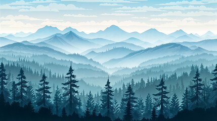 Poster - Mountain ridges in the distance surrounded by forest illustration