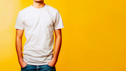 Young man in a white blank T-shirt on a yellow background, close-up. Mockup for design, t-shirt template, presentation layout printout.