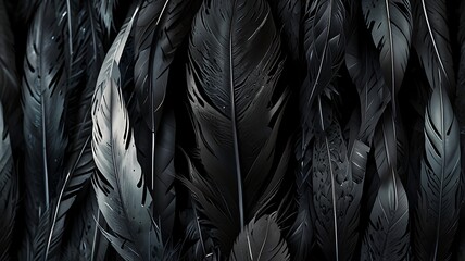 A mesmerizing abstract composition featuring delicate black feathers arranged in a graceful pattern. Generative Ai.