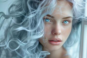 Wall Mural - A close-up photo of a woman with blue eyes