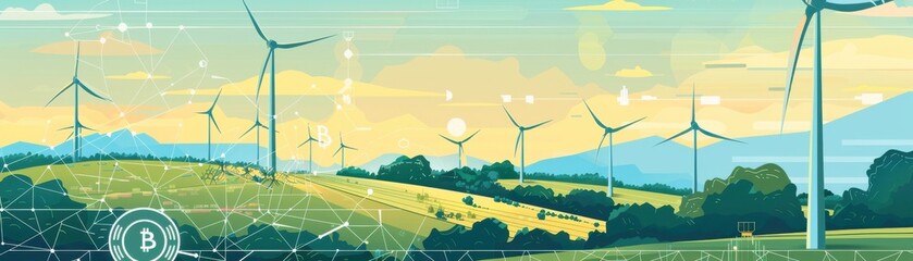 Wind turbine farm, blockchain data breach, bankrupt cryptocurrency exchange, flat design illustration