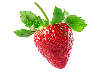 Wall Mural - A fresh and juicy strawberry with green leaves isolated on a white transparent background.