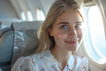 Wall Mural - The young woman at the plane window looks at the camera