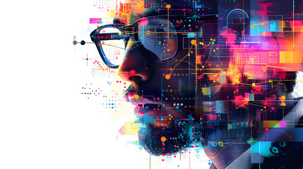 a man wearing glasses is thinking about data analysis while working on his computer at night. he is 