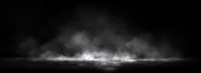 Wall Mural - water surface with magic neon glow from inside and smoke on top. mystery dark background with spooky