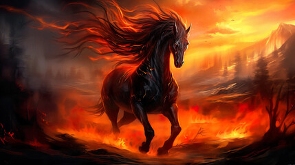 nightmare engulfed in flames, a fearsome equine beast fantasy wallpaper