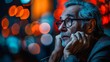 © Nova Sphere - Elderly man with a contemplative expression resting his chin on his hands while gazing upward against a backdrop of city lights