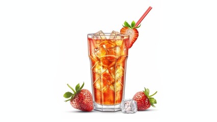 Wall Mural - Glass of juice with straw and strawberry, with ice cubes isolated on white background