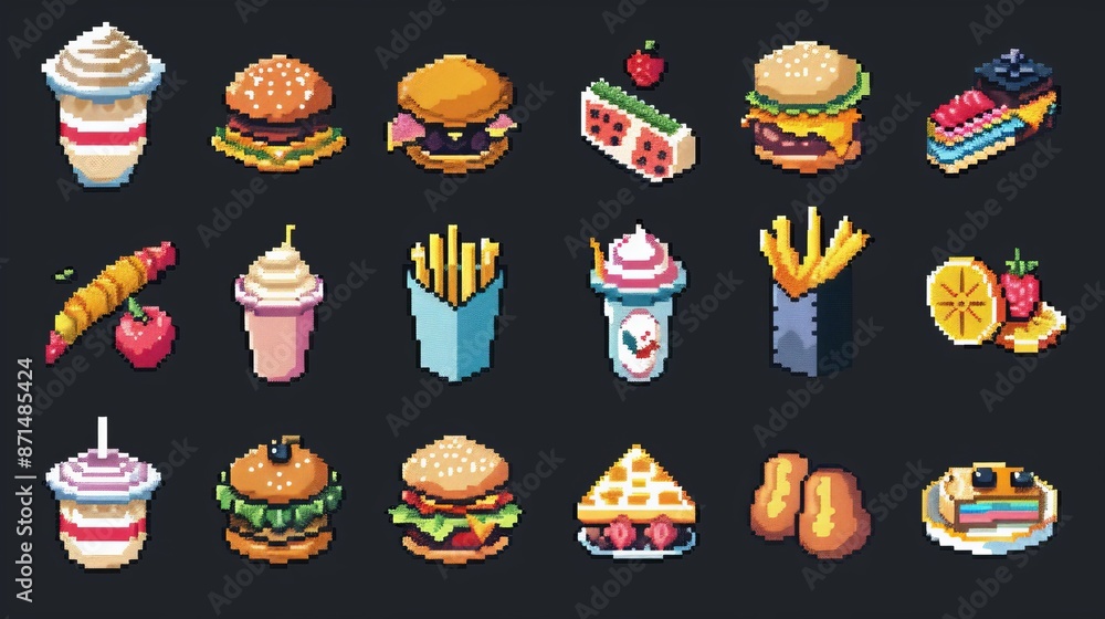 Food pixel art 80s style icons element design stickers, logo, menu ...