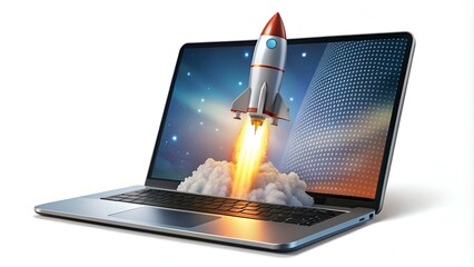Wall Mural - digital illustration of laptop and rocket, png transparent background. generative ai