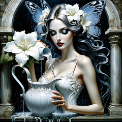 The Gothic fairy queen stands gracefully in a side view, her hands delicately pouring water from a pitcher, creating a beautiful cascade that nurtures the garden unfurling beneath her. The scene is ca