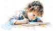 © khunnapat - A young girl with brown hair is engrossed in writing in a notebook with a pencil. Watercolor painting style.