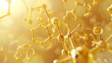 Closeup of hexagonal golden molecules, interconnected and floating, set against a warm beige background with gentle lighting