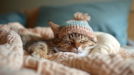 Wall Mural - Cat Wearing Knitted Hat Sleeping on Bed