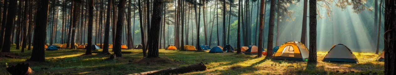 Wall Mural - Summer Camping in Paradise Forest at Sunset with Clouds, Ideal for Outdoor Activities, Company Retreats, and Retirement, High-Quality Nature Wallpaper, AI-Generated