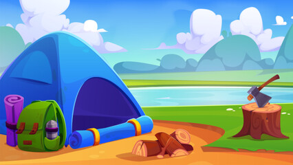 Wall Mural - Lakeside tourist camp against summer landscape. Vector cartoon illustration of tent on green glade near water, axe, bag with paper map, beautiful scenery with river, green plants and sunny blue sky