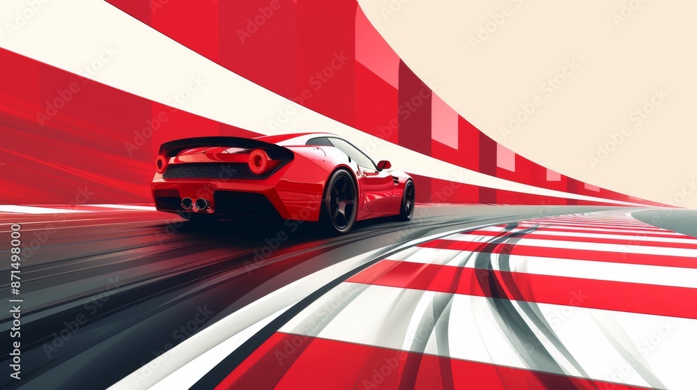 Modern red sports car speeding on a race track with dynamic motion blur ...