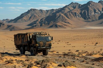 Poster - a truck driving through a desert with mountains in the background